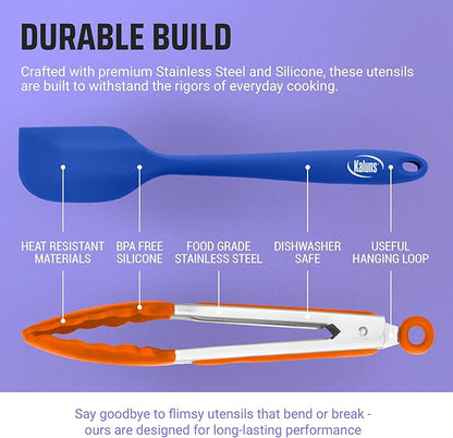 Kaluns Kitchen Tongs for Cooking Grilling Set of 4, BBQ Grill Tongs With Silicone Tip Stainless Steel Heat Resistant, Non-stick Pull Lock, Incl 7, 9, 12 Inch Tong Plus a Silicone Spatula
