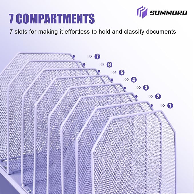 SUMMORO Inclined File Organizer for Desk, 7-Tier Vertical File Folder Holder Office Desk Organizer Metal Rack File Wire Mesh Desktop Document Sorter for Office School Classroom Home (Purple)
