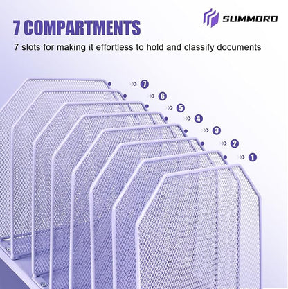 SUMMORO Inclined File Organizer for Desk, 7-Tier Vertical File Folder Holder Office Desk Organizer Metal Rack File Wire Mesh Desktop Document Sorter for Office School Classroom Home (Purple)