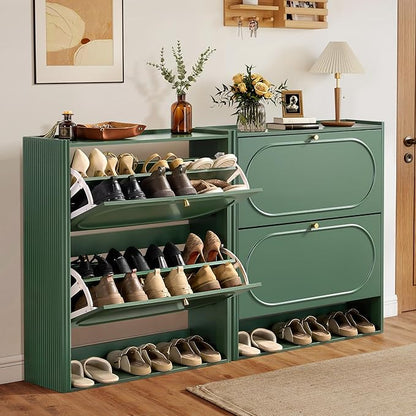 ORRD Shoe Storage Cabinet with 2 Flip Drawers Set of 2, Wood Narrow Shoe Cabinet for Entryway, Fluted Hidden Shoe Organizer, Freestanding Slim Shoes Cabinets for Foyer, Hallway-Green