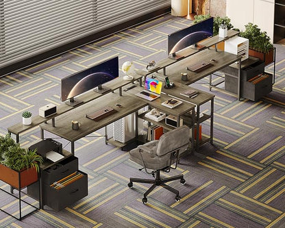 ODK 75" L Shaped Desk with File Drawers, Work from Home Office Desk with Power Outlet, Reversible Computer Desk with Storage Shelves, Gaming Desk with Monitor Shelf, Corner WFM Table, Grey Oak