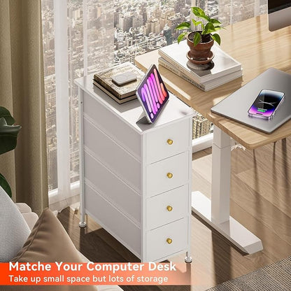 Narrow Dresser Storage Tower with 4 Drawers, Vertical Slim Dresser Chest of Drawers Skinny Storage Tower for Small Spaces Gaps Closet Bedroom Bathroom Small Fabric Drawer Unit (White)