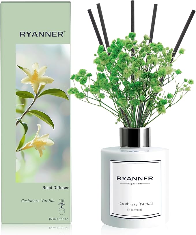 RYANNER Reed Diffuser Set,5.1 fl oz Cashmere Vanilla Scent Diffuser with Sticks Home Fragrance Reed Diffuser with Essential Oil for Bathroom Shelf Decor&Air Freshener,Home Bathroom Office Decor&Gifts