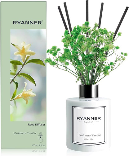 RYANNER Reed Diffuser Set,5.1 fl oz Cashmere Vanilla Scent Diffuser with Sticks Home Fragrance Reed Diffuser with Essential Oil for Bathroom Shelf Decor&Air Freshener,Home Bathroom Office Decor&Gifts