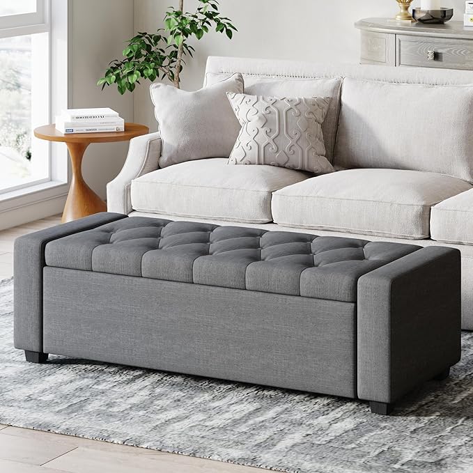Storage Ottoman Bench,Large Entryway Ottoman with Storage, Rectangular Bench with Cushion and Safety Hinge for Living Room Bedroom,Darkgray