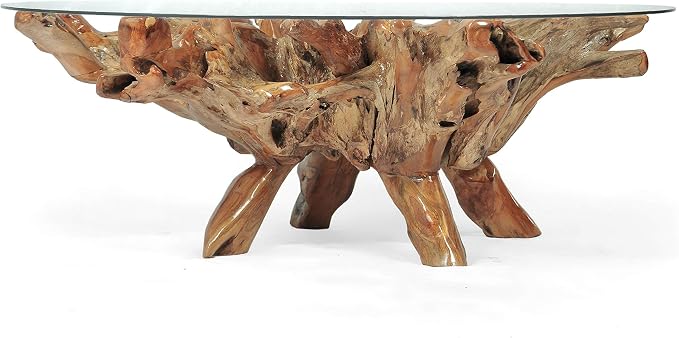 CHIC TEAK Genuine Teak Wood Root Coffee Table Including 55 Inch Round Glass Top Made