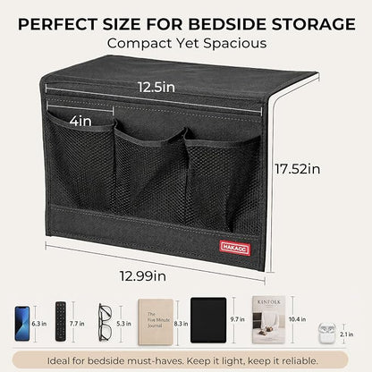 HAKACC Bedside Caddy, Remote Holder for Bed, Storage Organizer with Pockets for Bed, Sofa, Phones, Magazines, Tablets and Accessories, Black