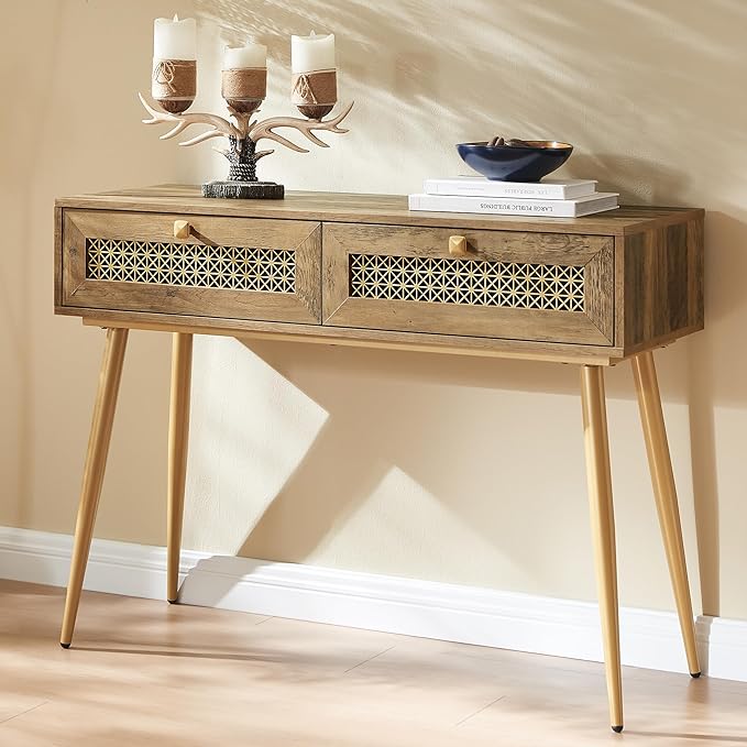Mid Century Modern Console Table with Drawers, Narrow Sofa Table for Living Room, Entryway and Bedroom, Boho Style, Rustic Oak