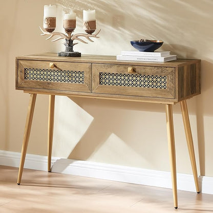 Mid Century Modern Console Table with Drawers, Narrow Sofa Table for Living Room, Entryway and Bedroom, Boho Style, Rustic Oak