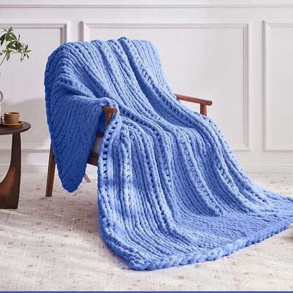 Negwoo Chunky Knit Throw Blanket, 30''*40'' Knitted Throw Chenille Yarn for Bed Couch, Handmade Light Blue Crochet Big Thick Blanket, Machine Washable Cute Comfy Blanket for Home Decor