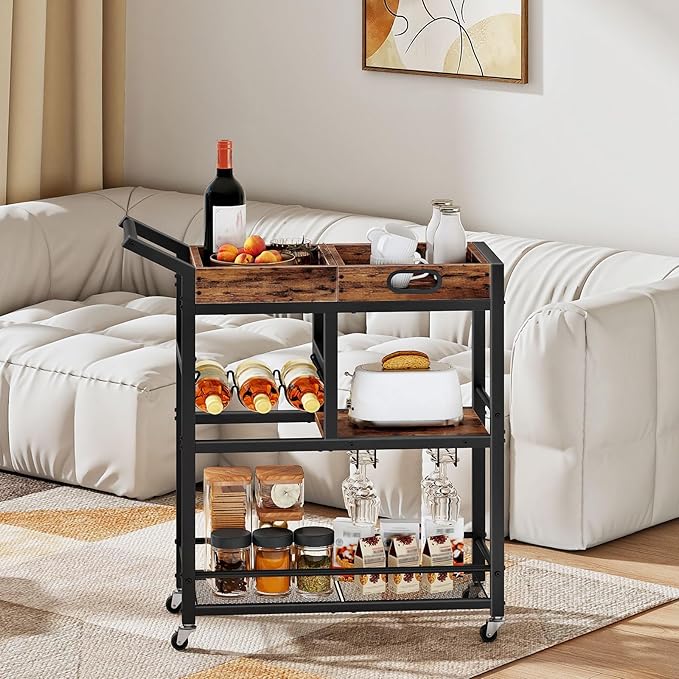 HOOBRO Bar Cart, Bar Cart for The Home, 3-Tier Home Bar Serving Cart with Wine Rack and Glass Holder, Kitchen Cart for Home, Living Room, Party, Bar, Rustic Brown and Black BF62TC01