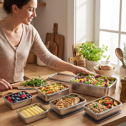 Hushee 6 Pack Bacon Cheese Container for Refrigerator, 304 Stainless Steel Airtight Deli Meat Container, Dishwasher Safe Fridge Storage Fruit Lunch Storage with Lids for Fridge, 4 Sizes