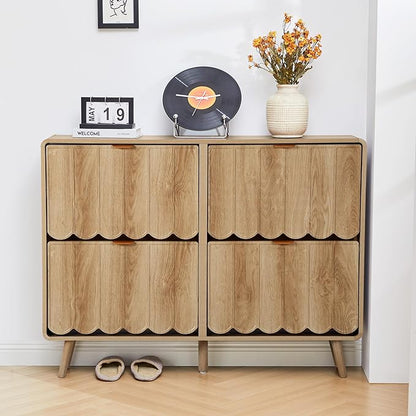 ORRD Shoe Storage Cabinet for Entryway with 4 Flip Drawers, Freestanding Narrow Wood Shoe Cabinet with Wave Panel, Hidden Shoe Organizer for Foyer, Hallway (Natural)