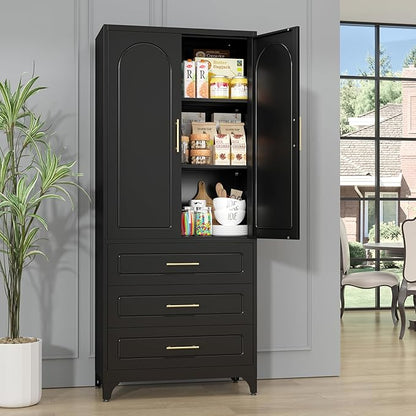 Metal Kitchen Pantry Storage Cabinet with 3 Drawers，75 Inch Black Food Pantry Cabinets for Kitchen Storage with 2 Adjustable Shelves,Tall Storage Cupboard for Living Room,Dining Room Office