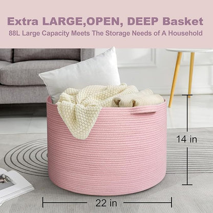 MEGASKET Extra Large Pink Basket, 22"x22"x14" Woven Cotton Rope Bin with Handles, Blanket Storage for Living Room, Baby Kids Toy Storage Bin Box, Wicker Laundry Basket, Pink Room Decor Organizing