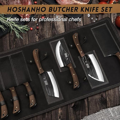 HOSHANHO Butcher Knife Set, Hand Forged Butcher Chef Knife Set with Roll Bag, Sharp Meat Cleaver Knife & Bone Chopper Knives & Fillet Knives for Home & Camping & BBQ Gift with Men