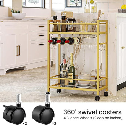 Bar Cart, Serving Cart for Home, Microwave Cart, Drink Cart, Wine Cart with 2 Mirrored Shelves, Wine Holders, Glass Holders, for Kitchen, Dining Room(Gold)
