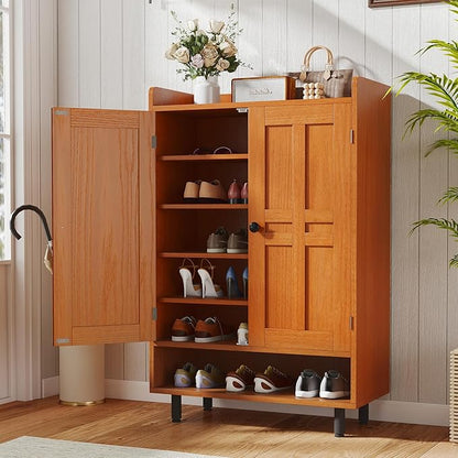 Farmhouse Shoe Cabinet with Doors, 6-Tier Wooden Shoe Organizer with Adjustable Shelves, Entryway Storage Cabinet with Metal Legs, Rustic Shoe Storage for Entryway or Living Room (Walnut)