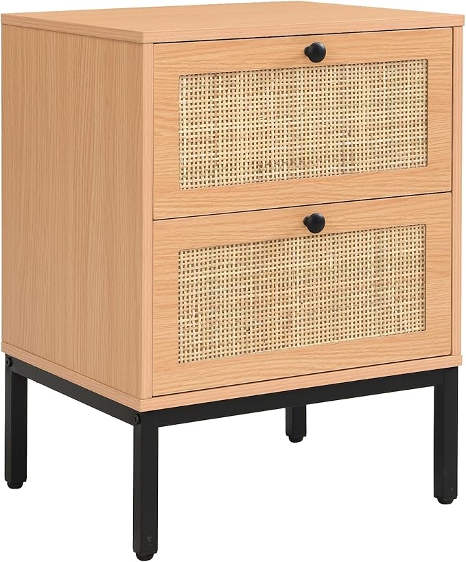 XIAO WEI Natural Rattan Nightstand Set of 2, Boho Night Stand with 2 Drawers, Bedside Table Accent Cane End Table Side Table for Bedroom Living Room, Metal Legs/Small/Light Brown