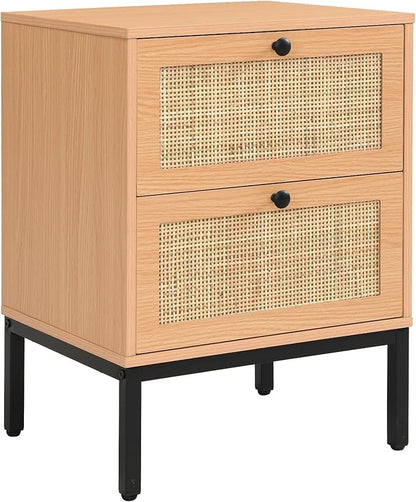 XIAO WEI Natural Rattan Nightstand Set of 2, Boho Night Stand with 2 Drawers, Bedside Table Accent Cane End Table Side Table for Bedroom Living Room, Metal Legs/Small/Light Brown