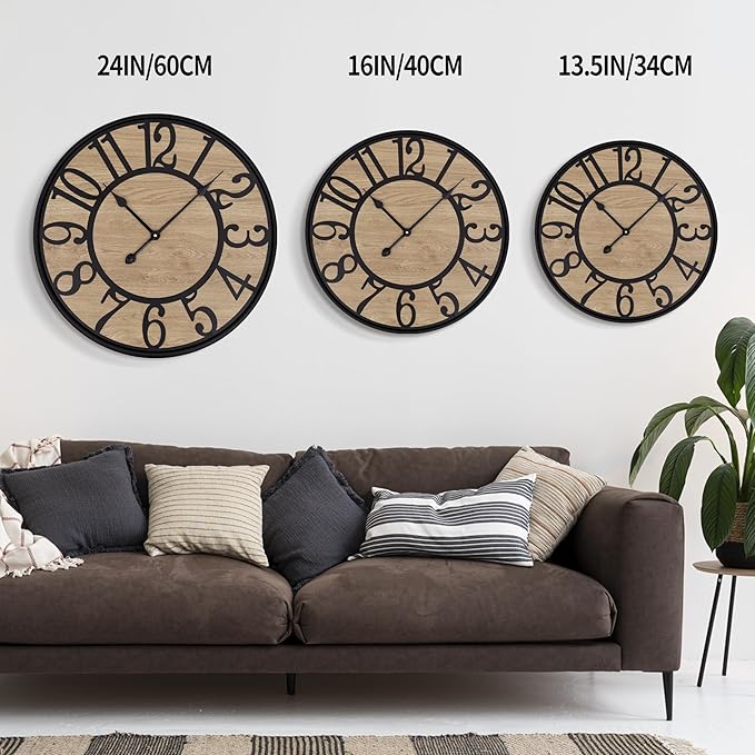 LEIKE Large Wall Clocks Living Room Decor,Non Ticking Silent,Battery Operated Small Round Modern Wood Wall Clock for Bedroom,Kitchen,Farmhouse,Office Vintage Home Decor-24-Arabic Number
