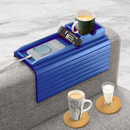 Couch Cup Holder Tray with 2 Cork Coasters, Couch Arm Tray, 2 in 1 Anti-Slip Foldable Sofa Arm Tray, Couch Armrest Table, Anti-Spill Couch Arm Table for Drinks TV Remote Cellphone Snacks (Blue)