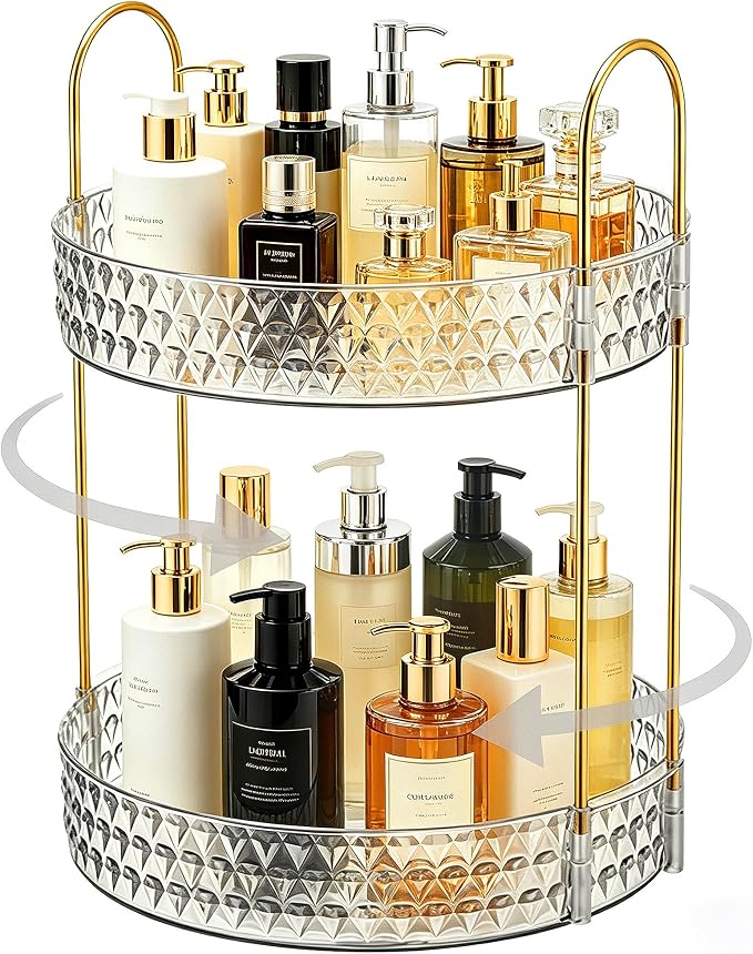 360° Rotating Makeup Organizer, 2-Tier Large Capacity Cosmetic Storage Rack for Bathroom Countertop & Vanity, Clear Acrylic Holder for Skincare, Perfume & Beauty Essentials