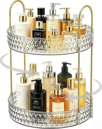 360° Rotating Makeup Organizer, 2-Tier Large Capacity Cosmetic Storage Rack for Bathroom Countertop & Vanity, Clear Acrylic Holder for Skincare, Perfume & Beauty Essentials