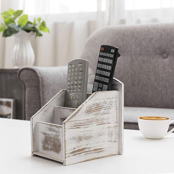 MyGift TV Remote Control Holder, Modern Farmhouse Decor, Whitewashed Wood Media Remote Caddy/Organizer/Storage Box with 3 Compartments, for Living Room, Coffee Table