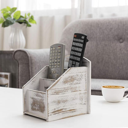 MyGift TV Remote Control Holder, Modern Farmhouse Decor, Whitewashed Wood Media Remote Caddy/Organizer/Storage Box with 3 Compartments, for Living Room, Coffee Table