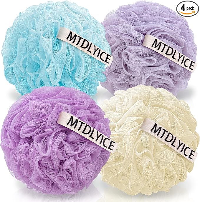 MTDLYICE Loofah Sponge, XXL Large Loofah 100g 4 Pack, Bath Sponge Soft Mesh Shower Loofah for Men, Body Scrub, Shower Pouf Bath Accessories, for Body Wash, Soap (Lavender)