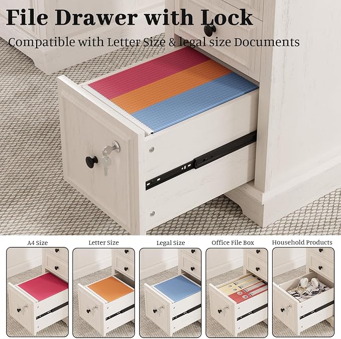 Vipbear 59" Executive Desk, Farmhouse Computer Desk with Drawers, Lockable File Drawer, Storage Cabinet & Power Outlet, Rustic Home Office Desks, Workspace for Work Study Writing, White