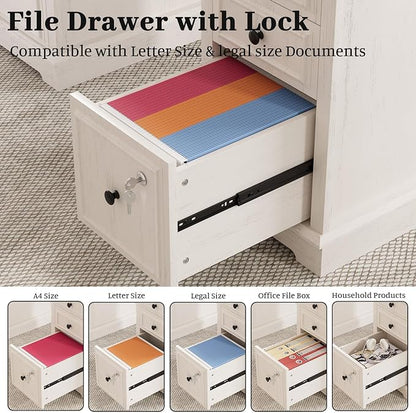 Vipbear 59" Executive Desk, Farmhouse Computer Desk with Drawers, Lockable File Drawer, Storage Cabinet & Power Outlet, Rustic Home Office Desks, Workspace for Work Study Writing, White