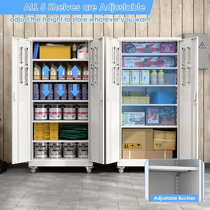Garage Storage Cabinet with Wheels & Pegboard, 71" H x 34" W x 18" D Locking Metal Storage Cabinet with 2 Doors and 5 Adjustable Shelves for Garage, Home, White, Assembly Required
