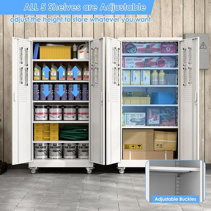 Garage Storage Cabinet with Wheels & Pegboard, 71" H x 34" W x 18" D Locking Metal Storage Cabinet with 2 Doors and 5 Adjustable Shelves for Garage, Home, White, Assembly Required