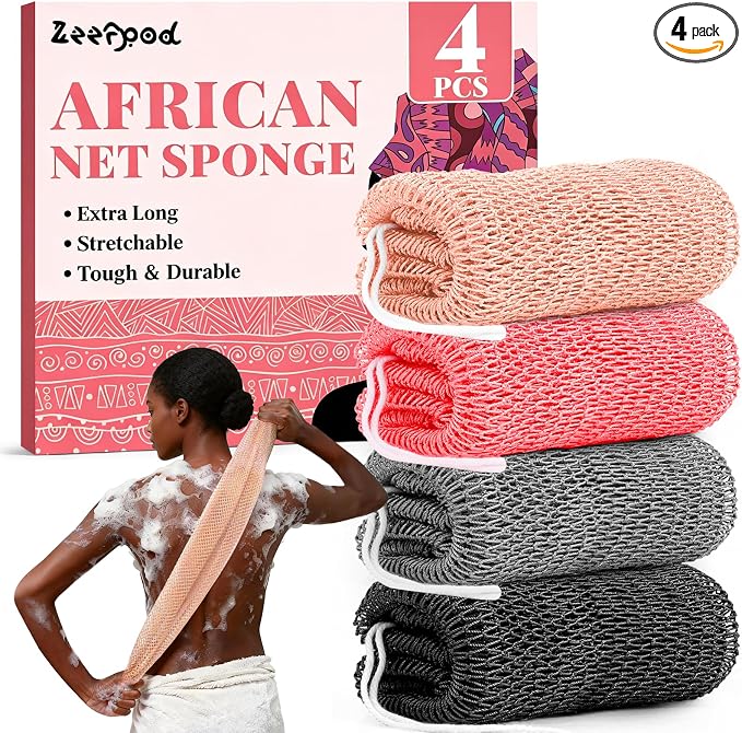 African Net Sponge Authentic-4 Packs African Exfoliating Net Sponge,Bath Sponges for Shower,42 inch Long for Normal to Sensitive Skin,Body Exfoliator Shower(Pink,Neon Pink,Light Gray,Black)