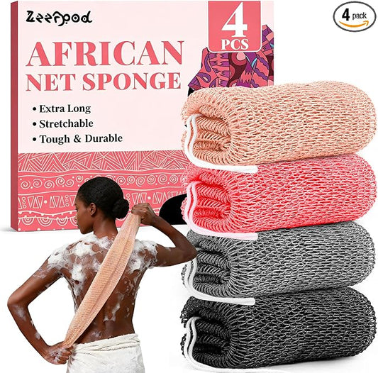 African Net Sponge Authentic-4 Packs African Exfoliating Net Sponge,Bath Sponges for Shower,42 inch Long for Normal to Sensitive Skin,Body Exfoliator Shower(Pink,Neon Pink,Light Gray,Black)