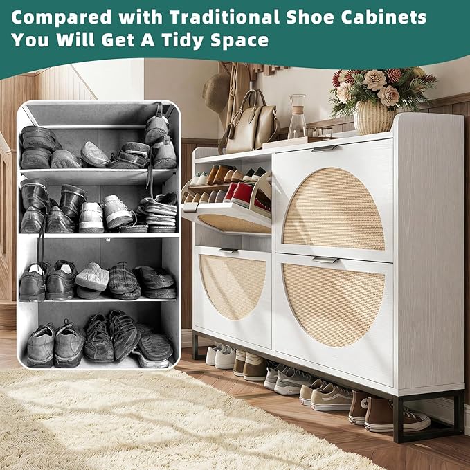 Shoe Storage Cabinet for Entryway Wooden Rattan Shoe Cabinet with 4 Flip Drawers Long Hidden Shoes Cabinet Storage with Metal Legs Narrow Shoe Rack Cabinet Shoes Organizer Cabinet for Hallway White