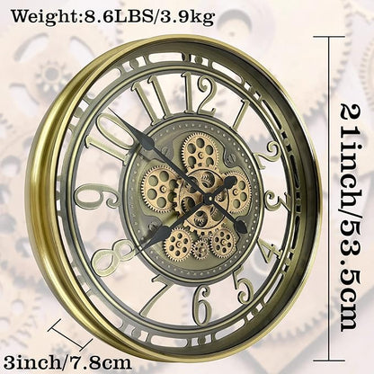 Real Moving Gears Wall Clock Large Modern Metal Clocks for Living Room Decor, Industrial Steampunk Unique Vintage Rustic Decorative Clock for Home Farmhouse Office, 21 Inch,Bronze Gold Arabic
