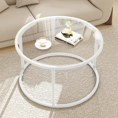 Round Glass Coffee Table for Living Room,Minimalist Modern Center Table with Metal Frame for Small Space,Easy Assembly,27 x 27In, White