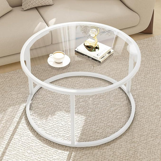 Round Glass Coffee Table for Living Room,Minimalist Modern Center Table with Metal Frame for Small Space,Easy Assembly,27 x 27In, White