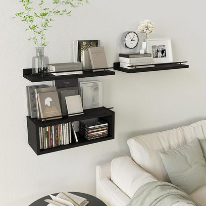 WOPITUES Floating Shelves for Wall with Cube Shelf, Wall Shelves with Metal Rail for Bathroom Decor, Bathroom Organizers and Storage, Over Toilet Shelves for Toilet Paper-Black