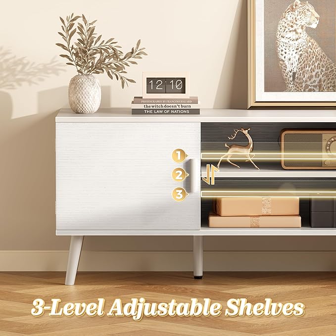 SUPERJARE TV Stand for 55 Inch TV, Entertainment Center with Adjustable Shelf, 2 Cabinets, TV Console Table, Media Console, Solid Wood Feet, Cord Holes, for Living Room, Bedroom, White