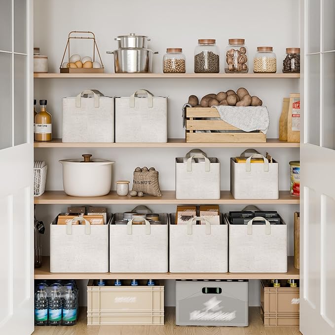 StorageWorks Storage Bins, Shelves Baskets for Organizing, Fabric Closet Organizers with Handles, Metal Frame, Beige?Cotton-linen?, 2-Pack