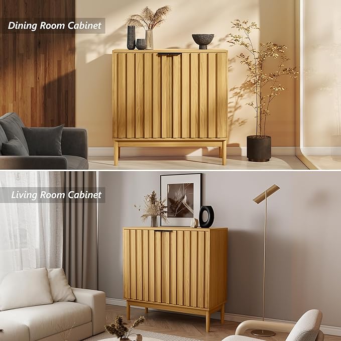 Fluted Cabinet with Storage, Buffet Cabinet Sideborad with 2 Doors, Natural Buffet Storage Accent Cabinets with Adjustable Shelves for Living Room, Entry, Hallway, Kitchen