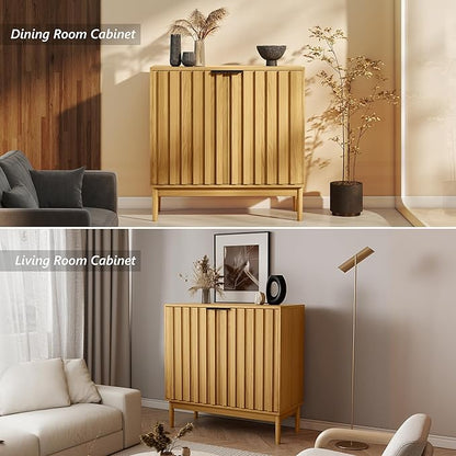 Fluted Cabinet with Storage, Buffet Cabinet Sideborad with 2 Doors, Natural Buffet Storage Accent Cabinets with Adjustable Shelves for Living Room, Entry, Hallway, Kitchen