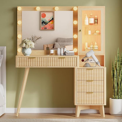 45'' Fluted Makeup Vanity Desk with LED Lights Mirror & Charging Station, Modern Glass Top Vanity Table with 5 Drawers & Glass Cabinet, Dressing Table for Bedroom, Living Room, Oak