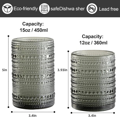 Vintage Glassware Drinking Glasses Set of 12,Grey 12oz & 15oz Hobnail Glass Cups,Embossed Water Tumbler,for Beer,Cocktail,Whiskey,Juice and Various Mixed Drinks- 1 Cleaning Brush