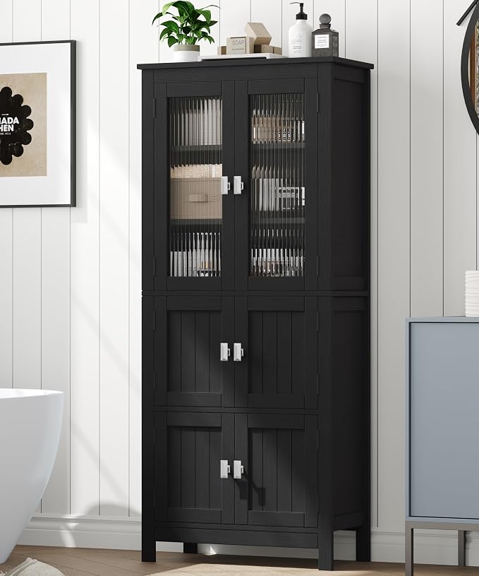 Akxomel 53.1" H Tall Bathroom Storage Cabinet, Bathroom Floor Cabinet with 6 Doors and Adjustable Shlef, Linen Cabinet, Pantry Cabinet for Living Room, Kitchen, Entryway, Black
