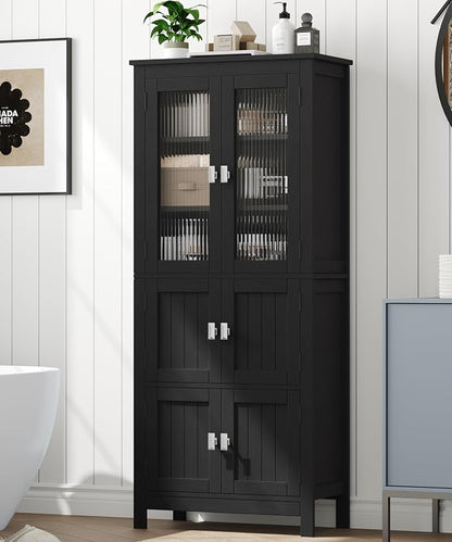 Akxomel 53.1" H Tall Bathroom Storage Cabinet, Bathroom Floor Cabinet with 6 Doors and Adjustable Shlef, Linen Cabinet, Pantry Cabinet for Living Room, Kitchen, Entryway, Black